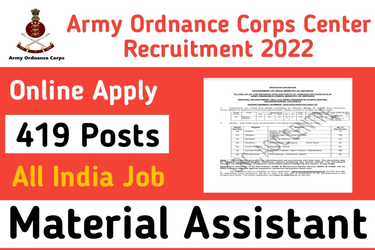 Army Ordnance Corps AOC Material Assistant MA Recruitment 2022 Apply Online for 419 Post